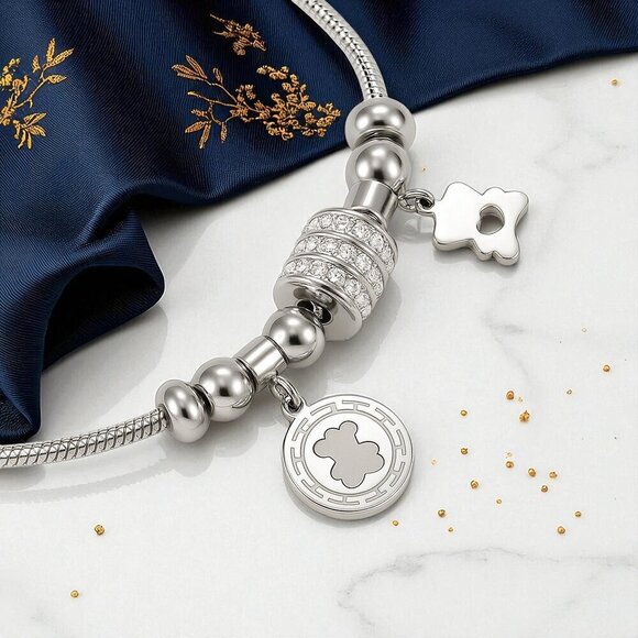 🆕️18K White Gold Plated Bear Charm Bracelet with Rhinestones Beads Trendy Gift - Picture 4 of 12